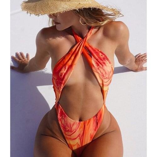 2021 Sexy Printed Halter Female Swimwear One Piece Swimsuit Women Backless Monokini Bather High Cut Bathing Suit swim Bodysuit