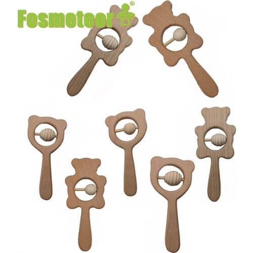 Fosmeteor Baby Toys Beech Wood Bear Hand Teething Wooden Ring Baby Rattles Play Gym Montessori Stroller Toys Educational Toys