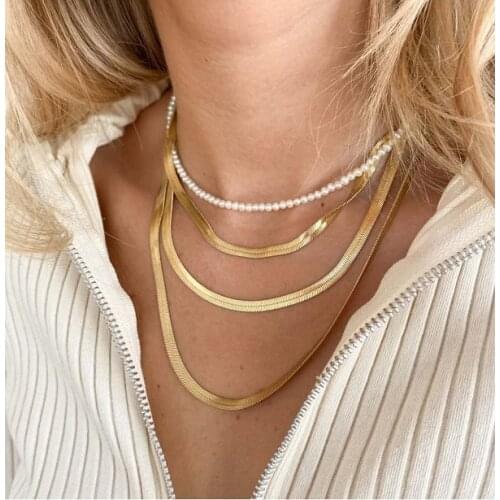 Docona Bohemian Pearl Multilayer Snake Chain Link Necklace for Women Charm Gold Color Alloy Clavicle Chains Party Jewelry 16235