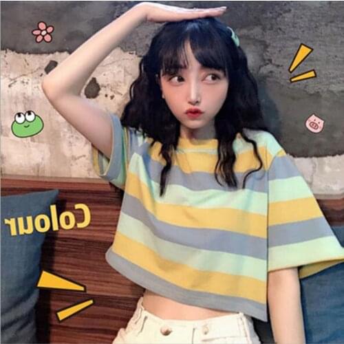 Hot Selling Tshirt Women Spring Summer Short Sleeve O Neck Female T-shirt Striped Color Short Length Women Tops