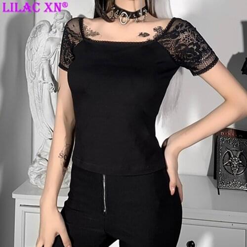 Gothic Lace Black Short Sleeve T Shirt Vintage Y2K Basic Top for Women Goth Aesthetic Elegant Bodycon Summer T Shirt for Girls