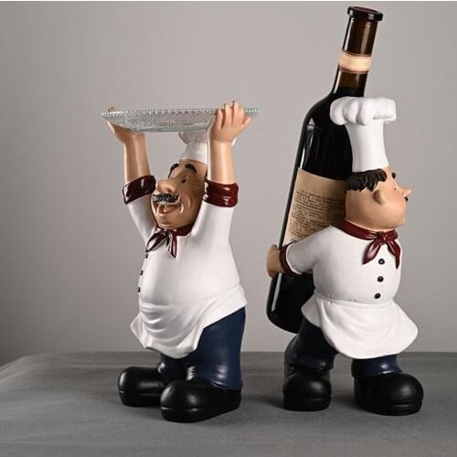 Country Retro Chef Sculpture Articles Resin Crafts Chef Statue Figurines Wine Rack Serving Tray Home Kitchen Restaurant Decor