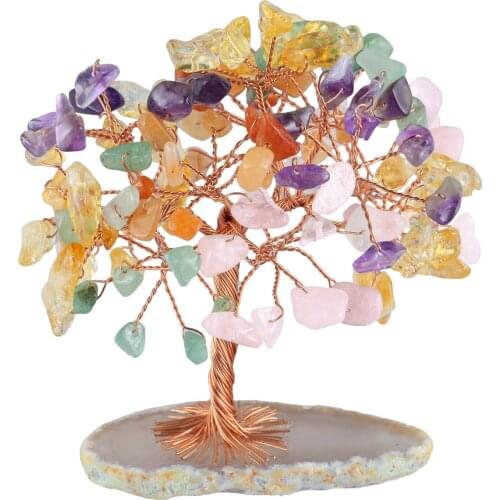 Mini Natural Crystal Money Luck Tree With Agate Slice Base Healing Crystal Stone Tree For Wealth And Luck Home Decoration