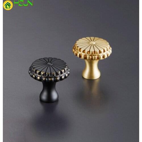 Real flowers solid Brass Round Cabinet Door Knobs and Handles Furnitures Cupboard Wardrobe Drawer Pull Gold Handles C-1077