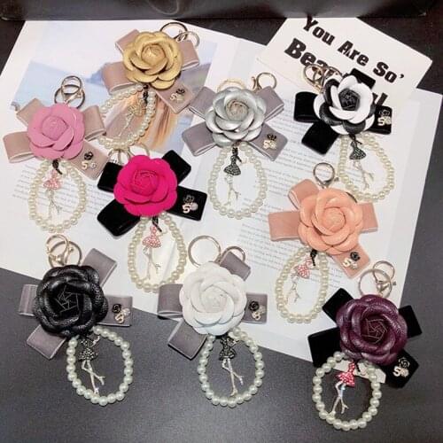 New PU tassel keychain leather camellia girl rose flower car key pendant keychain car hand bag ornament