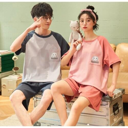 Couple Pajamas Set Summer Cool Lover Sleepwear Casual Cartoon Print Pyjamas Men Women Short Sleeve Home Lover Home Wear