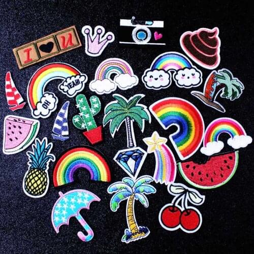 Lovely Cartoon Rainbow Fruit Diamond Embroidered Patches Iron On For Clothing Hat DIY Stripes Applique Clothes Stickers Badges H