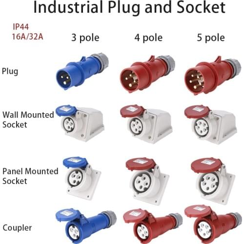 Industrial Plug and Socket 16A 32A 3 pole 4 pole 5 pole ip44 Wall Mounted Socket Panel Mounted Coupler Waterproof 220V 380V 415V