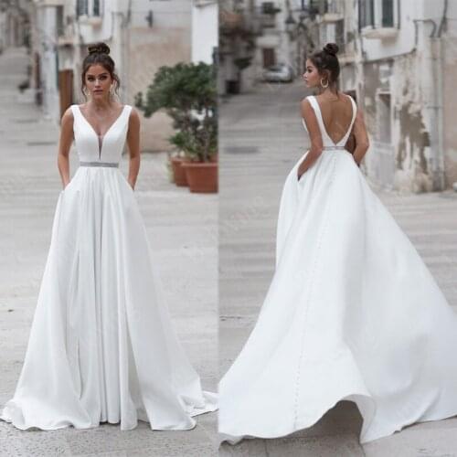 Sexy V neck Satin Wedding Dresses With Pocket 2021 Custom Sleeveless Backless Bridal Gowns Wedding Bride Dress Vestido De Noiva