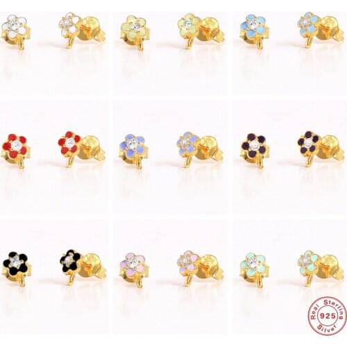 Aide 925 Sterling Silver Cute Colorful Enamel Flower Stud Earrings For Women Girls Gift Mini Zircon Dripping Oil Ear Studs Jewel