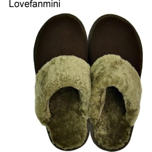 Wool fur one Cow Suede Leather slippers couple indoor non-slip men women home fashion casual fleece shoes soft soles winter 609