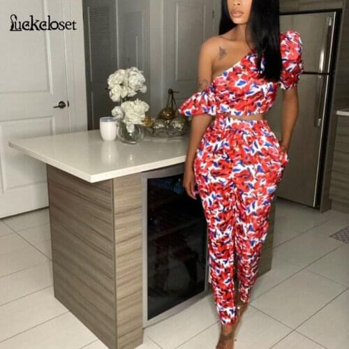 Slash Shoulder Bodycon Matching Print Women Two Piece Sets Short Puff Sleeve Blouse Top And Pencil Bottom Pant Fall Tracksuit