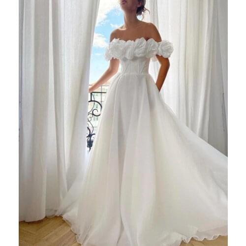 2021 Wedding Dresses for Bride A Line Off Shoulder Flowers Bridal Gowns for Wedding vestido de noiva