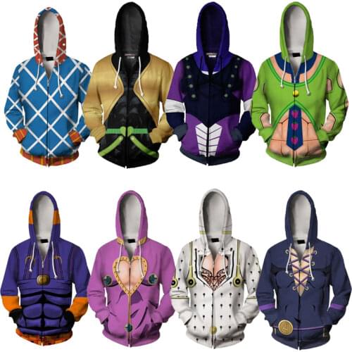 Japanese Anime Jojo Bizzare Adventure Cosplay Hoodies Sweatshirts Giorno Giovanna Male Harajuku Streetwear Zipper Hat Jackets