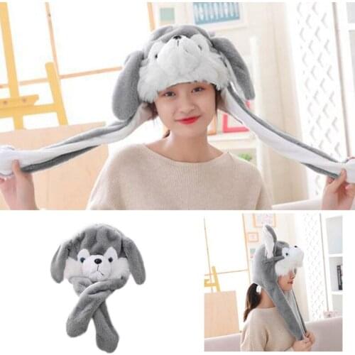 Unisex Light Up Husky Plush Animal Hat with Moving Long Ears Funny Puppy Dog LED Glowing Earflap Cap Stuffed Toys Cosplay