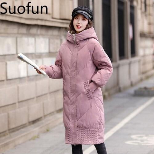 Suofun Causal Cotton Loose Zipper Thick Pink Long Elegant Style Windproof Jacket 2021 Fashion New Women Winter Warm Parka Coat