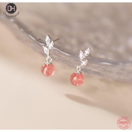 Dreamhonor 925 Sterling Silver New Zircon Leaf Strawberry Crystal Long Stud Earrings Fine Jewelry