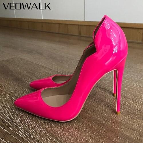 Veowalk Rose Pink Women Patent Curl Cut Pointy Toe Stiletto Pumps Chic Ladies Ultra High Heel Shoes Customize 8cm 10cm 12cm