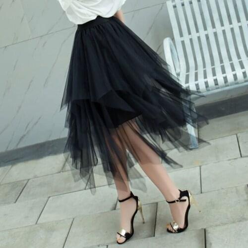 2019 Summer Skirts Womens Fashion Elastic High Waist Mesh Tutu Skirt Pleated Long Skirts Midi Skirt Saias Faldas Jupe Femme