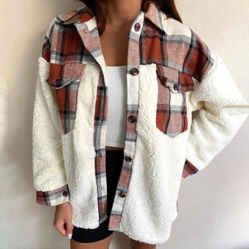 2021 Female Spring Autumn Fashion Coat Shirt Women Lamb Fur Coat Warm Long Sleeve Stitching Plaid Pocket Jacket Streetwear