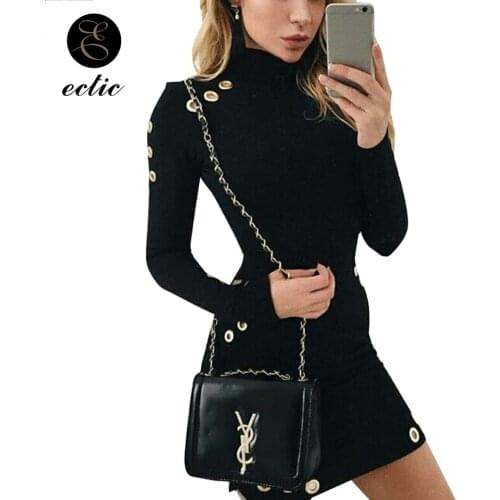 Gothic Punk Rock Turtleneck Bodycon Dress Sukienka Plain Rivet Dress Women Long Sleeve Robe Femme 2021 Mini Dress Sexy Club Wear