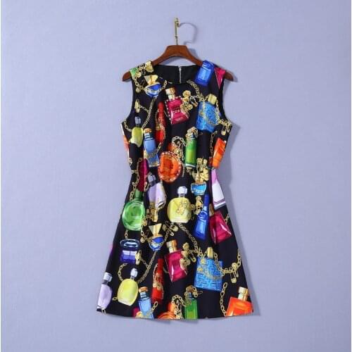 European and American womens dress 2020 summer new styles Sleeveless bead chain perfume bottle print Fashionable dress