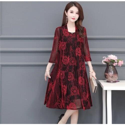 Women casual knee-length dress Long sleeve Shiny print spring autumn dress office lady Women loose elegant Two-piece suit dress