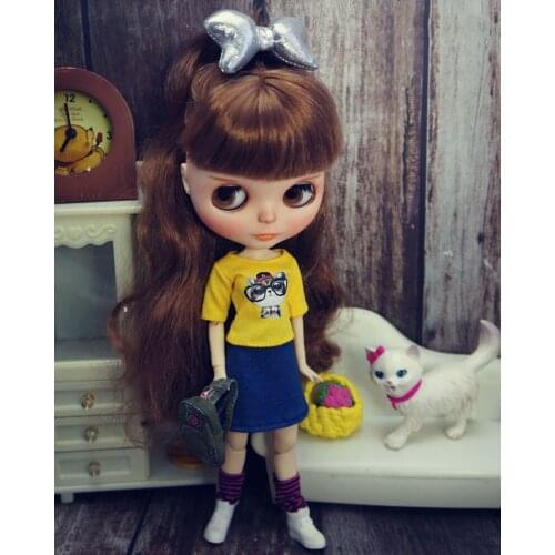 1SET Fashion Doll Clothes For Blythe Doll Outfits Yellow Kitty T-shirt Denim Skirt For Blyth Doll 1/6 Doll Accessories