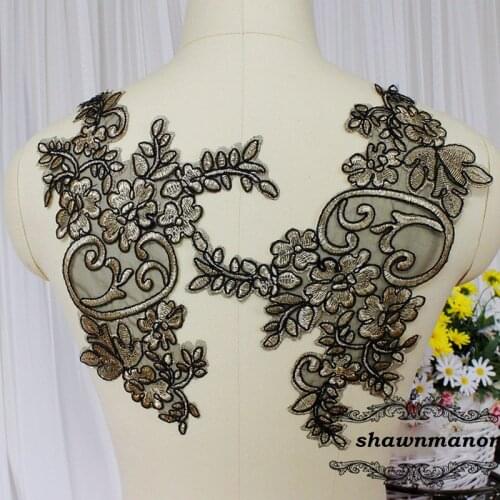 1Pair=2Pcs 28*19CM Black Organza Gold Thread Embroidered Lace Applique Sewing Patch For Wedding Costume Dress Decor