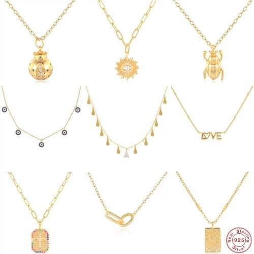 Aide 925 Sterling Silver Water Drop Zircon LOVE Pendant Necklaces Luxury Rectangle Charm Ladybird Thick Chain Choker Jewelry