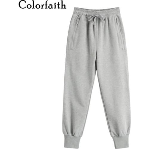 Colorfaith 2021 Spring Winter Women Pants High Elastic Waist Casual Zipper Pockets Sweat Sports joggers Lace Up Trousers P3984
