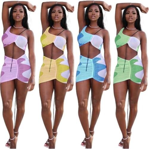 Color Patchwork Drawstring Two Piece Set Dress One Shoulder Sleeveless Vest Crop Top Bodycon Mini Skirt Beach Suits