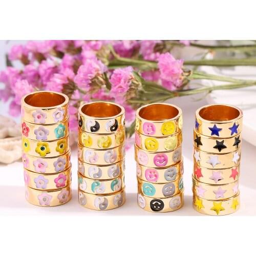 Ins Sweet Candy Colors Heart Drop Oil Love Rings For Women Temperament Cute Smiley Flowers Yin Yang Stars Ring Fashion Jewelry