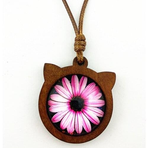 Jiangzimei 24pcs New Design Cats head Necklace Wood base with Daisy,rose,Chrysanthemum Glass Cabochon Pendant with wax line