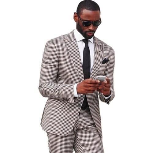 Two Buttons Brown Chequer Groom Tuxedos Peak Lapel Mens Evening Dress Toast Suits Blazers Coat Trousers(Jacket+Pants+Tie) W:541