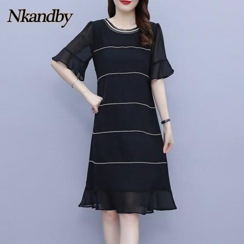 Nkandby Plus Size 2021 Summer New Women`s Dress A-line Round Neck Chiffon Elegant Fashion Wave Line Ruffles Short Sleeve Dresses
