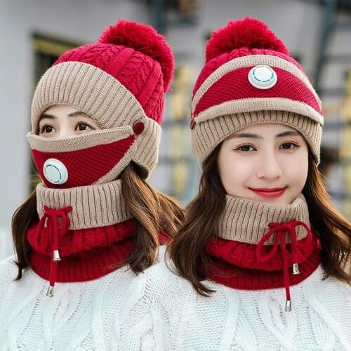 2020 New 3 Pieces Set Womens Knitted Hat Scarf Caps Neck Warmer Winter Hat for Ladies Girls Skullies Beanies Warm Fleece Caps