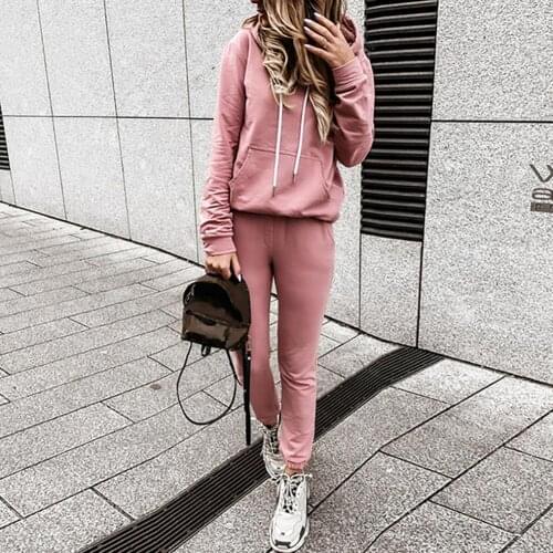 2021 New Simple Women Autumn Long Sleeve Hoodie Sweatshirt Skinny Pants Tracksuit Solid Color Sports Outfit Suit