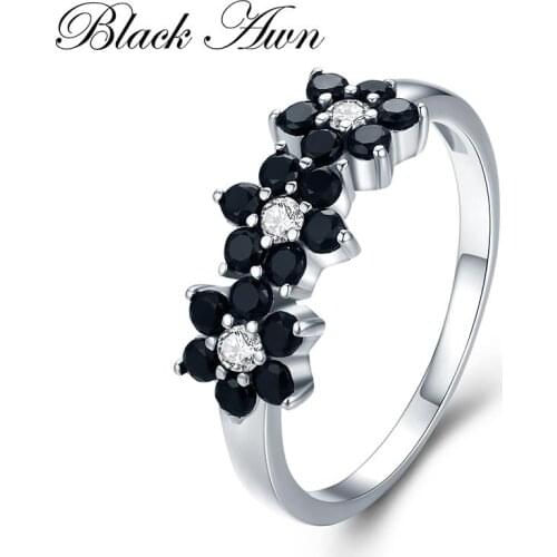 2021 New Cute 925 Sterling Silver Fine Jewelry Flower Bague Black Spinel Wedding Rings for Women Girl Party Gift C464