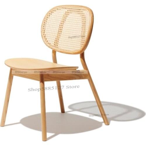 Nordic Solid Wood Rattan Backrest Dining Chair Light Luxury Post-modern Designer Simple Single Retro Study Table And Chair