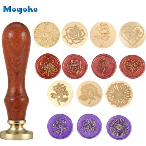 Mogoko Botanical Sealing Wax Stamps Retro Wood Classic Wax Seal Stamp Cards Envelope Decor Chrysanthemum Rose Sunflower Heart