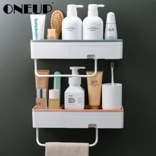 ONEUP Plastic Suction Cup Bathroom Shelf Punch-free Bathroom Accessories Bath Kitchen Towel Holder Shampoo Cosmetic Storage Rack