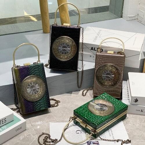 Retro Box Shoulder Bag Walking Clock Bag Personality Cool Handbag Chain Small Crocodile Design Messenger Bag