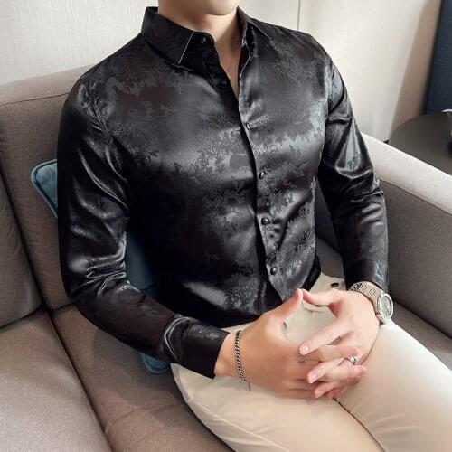High Quality Leaves Printed Luxury Brand Men dress shirts Autumn New Mens Casual Shirts Long Sleeved Slim Club Social Shirt