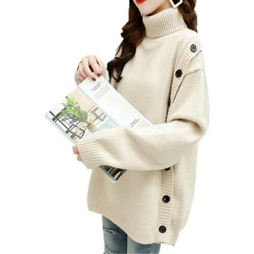 Autumn Winter New Turtleneck Sweater Women Lazy Style Korean Fashion Loose Knit Bottoming Shirt Solid Color lady Button Sweater