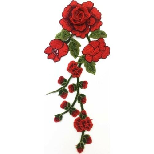 Embroidered Cloth Floral Dress Craft Red Rose Flower Applique Sew on Patch Badge
