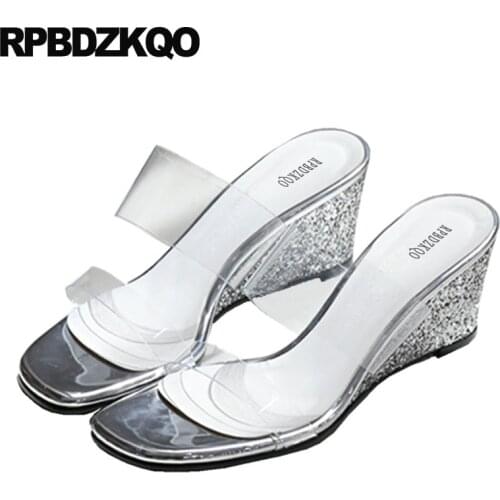 High Heels Clear Strap Sandals Wedge Pumps Slides Sequin Big Size Gold Bling Silver Glitter Shoes Slippers Pvc Transparent Women
