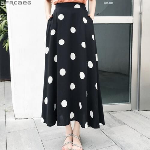 New Elegant Streetwear Polka Dot Skirt Women Loose Stretch High Waist Jupe Longue Femme A line Chiffon Summer Autumn Maxi Skirts