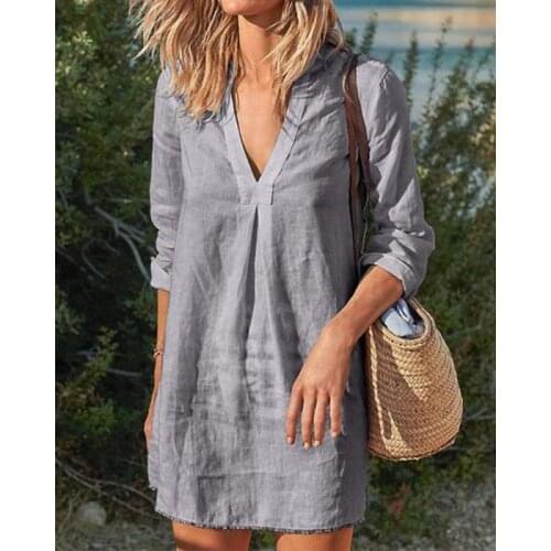 Womens V-neck Long Sleeve Pure Color Cotton Linen Casual Comfortable Loose Mini Skirt