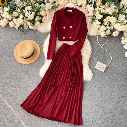 Womens Spring Autumn Runway Fashion Long Sleeve 2 pcs Pleated Dress Female Chic Travel Party Dress TB091